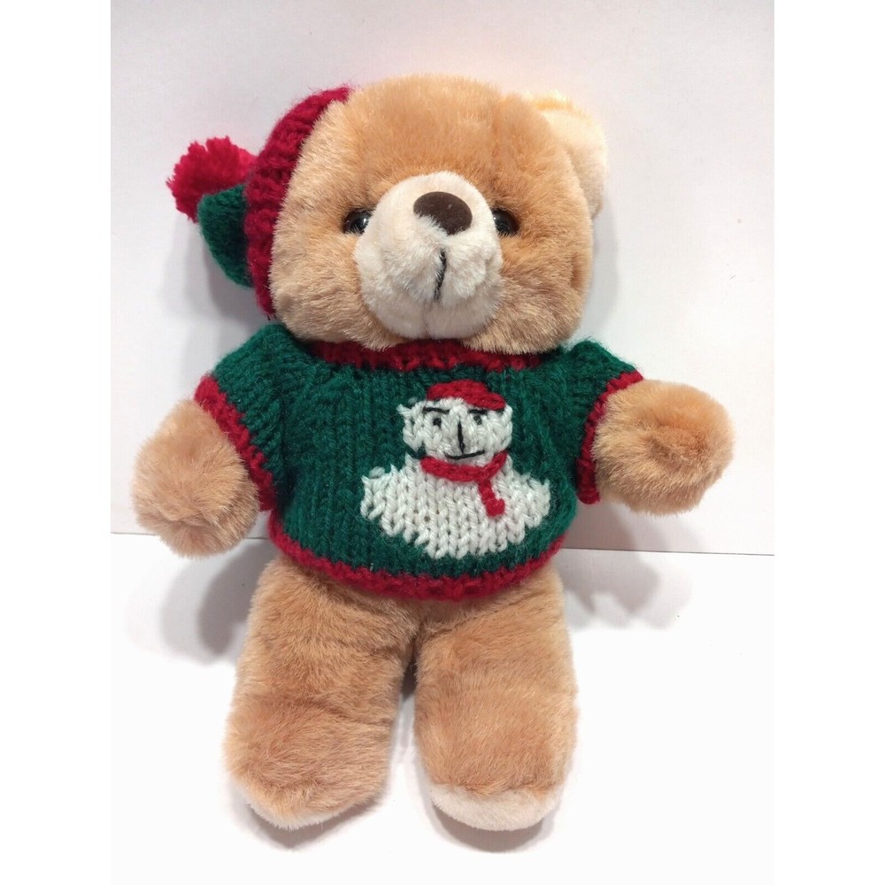 Fine Toys Brown Plush Bear Christmas Snowman Sweater Hat Stuffed Animal 11" Vtg